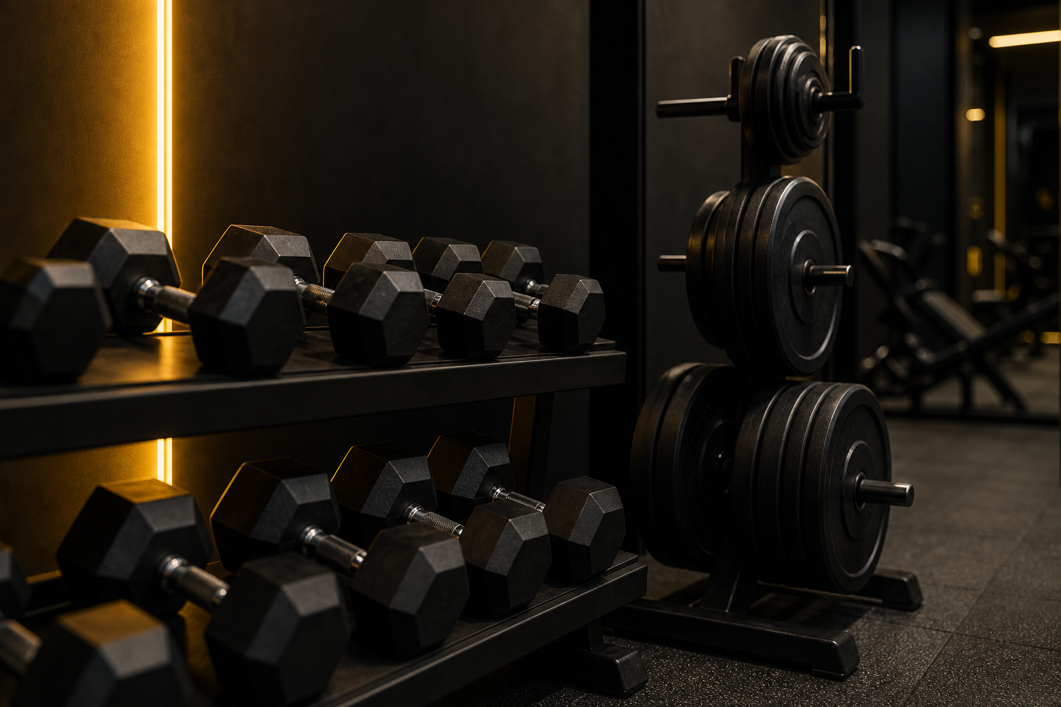Pesas y mancuernas en un espacio de entrenamiento premium